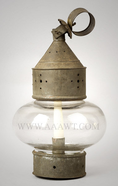 Lantern, Candle, Fixed Blown Clear Glass Onion Globe, Pierced Frame
America
Circa 1820 to 1840, entire view